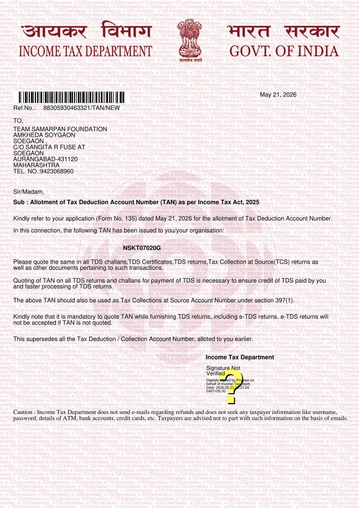 TAN Allotment Letter
